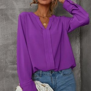 New notched v neck purple long sleeve blouse